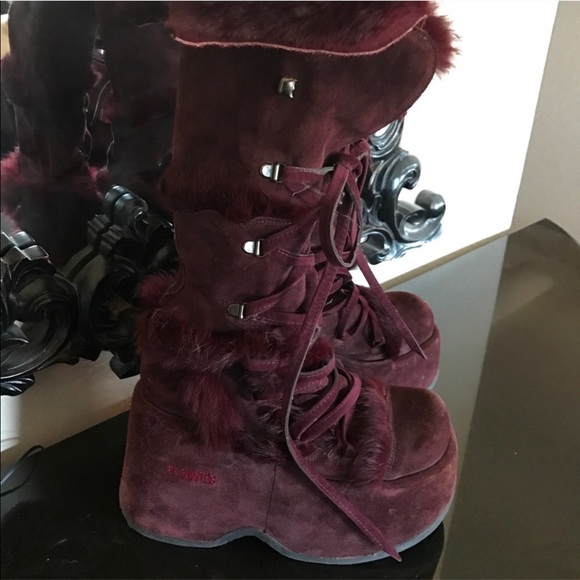 El Dantes burgundy fur knee boots goth platform 7 - Picture 2 of 8